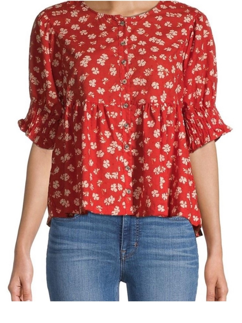 Madewell Red Floral Button-Front Puff Sleeve Blouse
